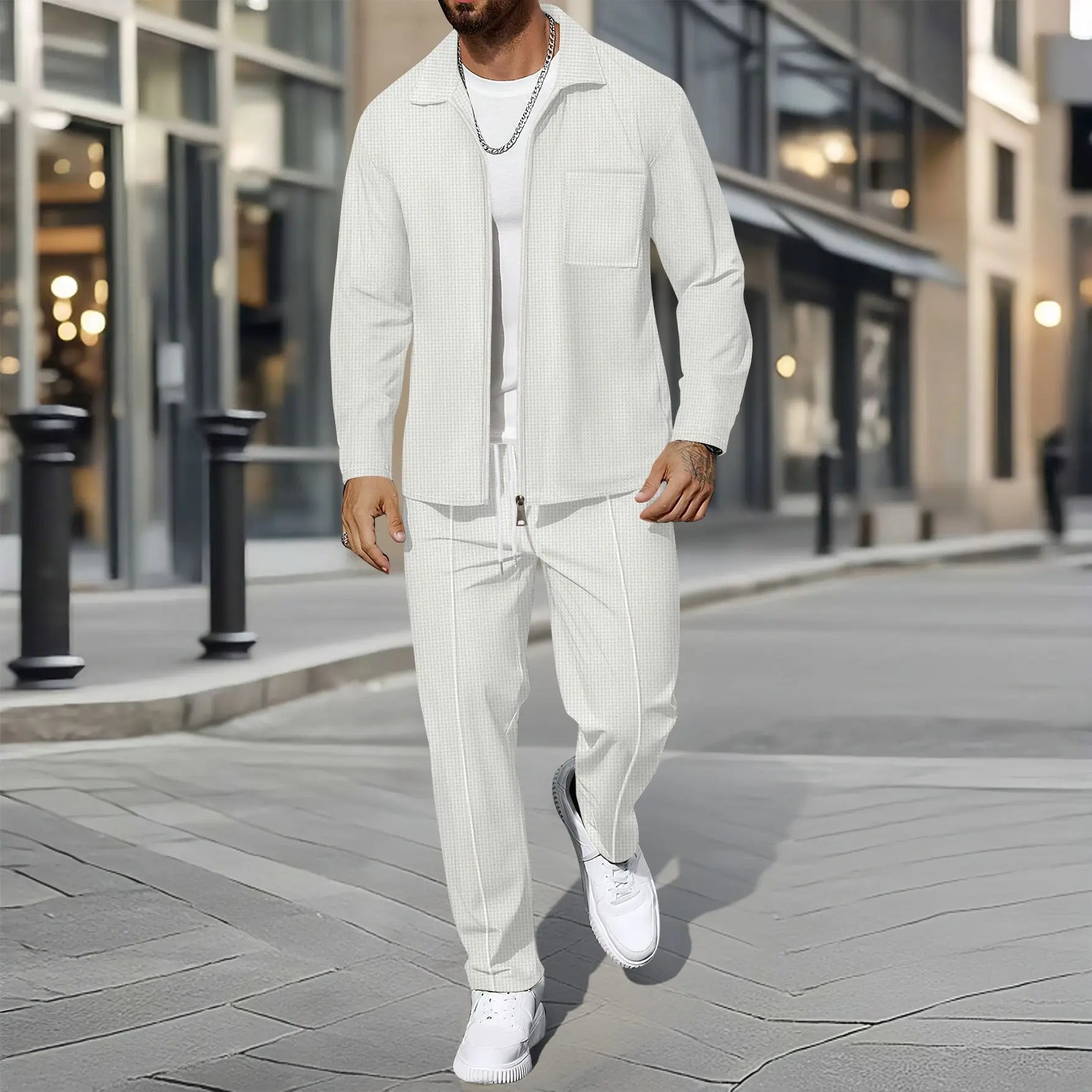 Herren Business Casual Zweiteiliges Set Frühling Herbst Waffel Reißverschluss Hemd Mantel und Hose Trendiges modisches Outfit